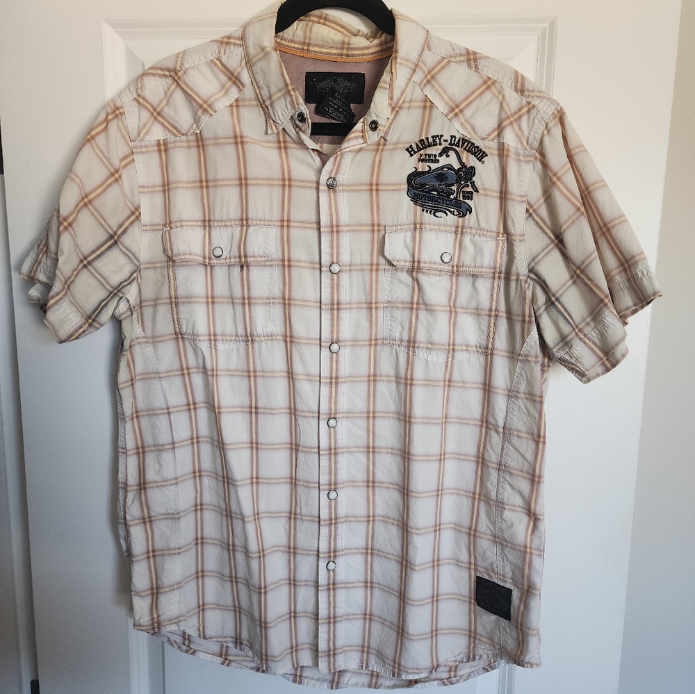 Harley-Davidson Cream and Tan Plaid Short Sleeve Button-Down Shirt